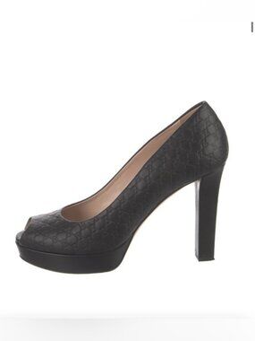Gucci Black Peep=toe Block Heels Embossed Pumps Monogram Guccissima